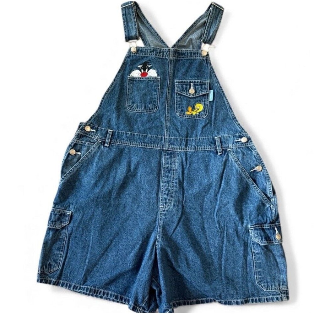 Warner Bros. Denim Jean Short Overalls with Sylvester & Tweety
